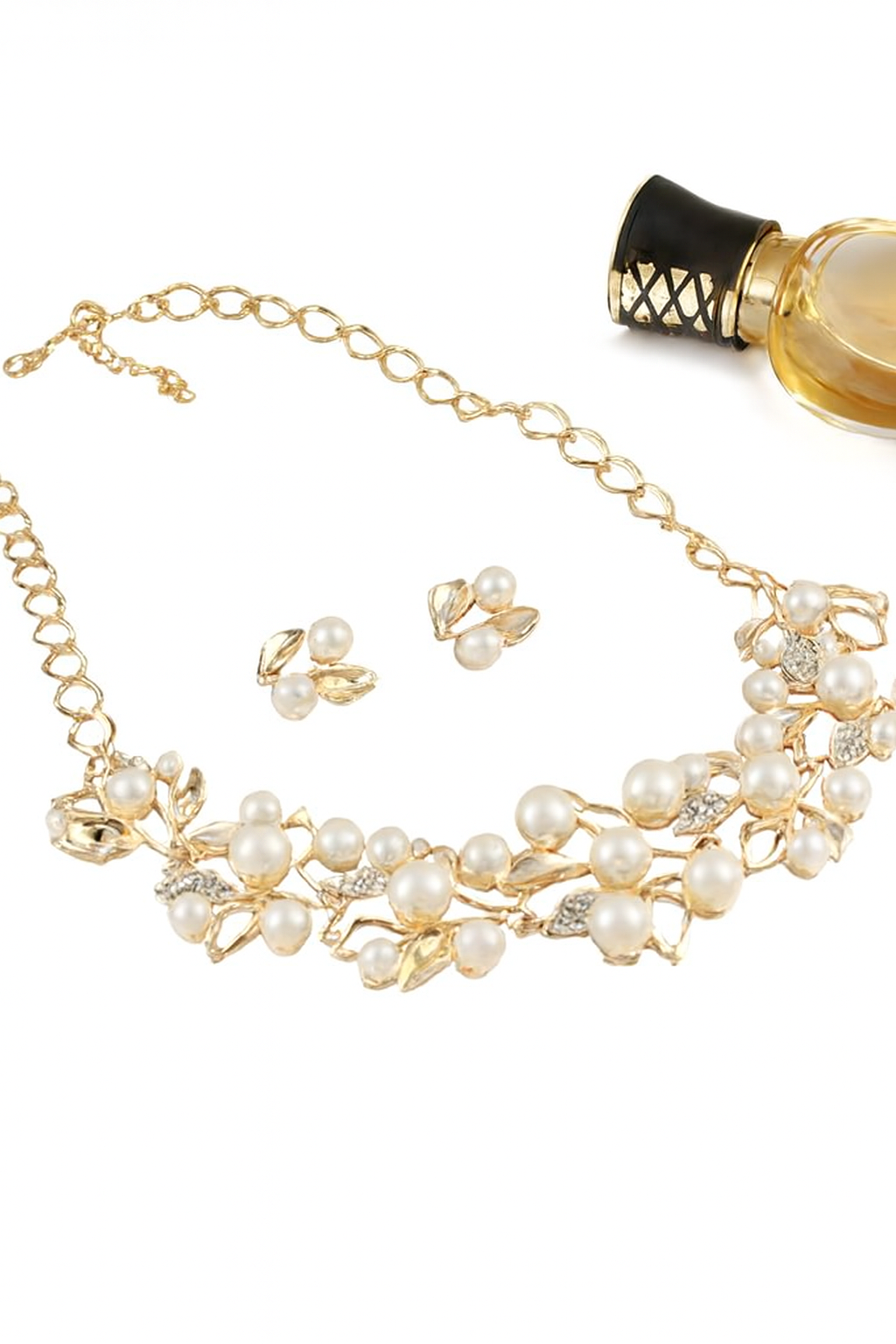 Gold Pearl &amp; Rhinestone Jewelry Set – Necklace &amp; Earrings